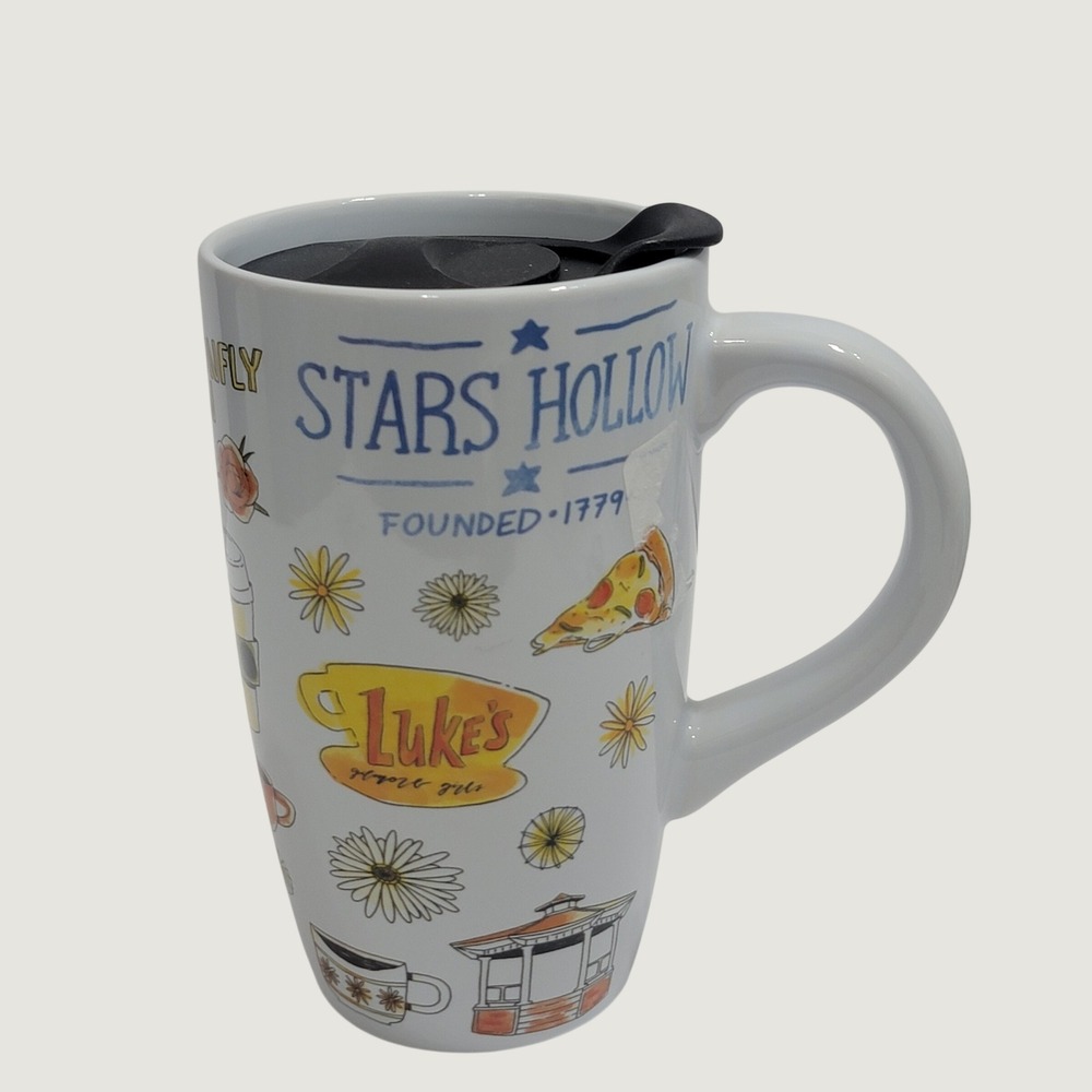 Gilmore Girls Stars Hollow All Over Icons 16oz Ceramic Travel Mug with Lid White